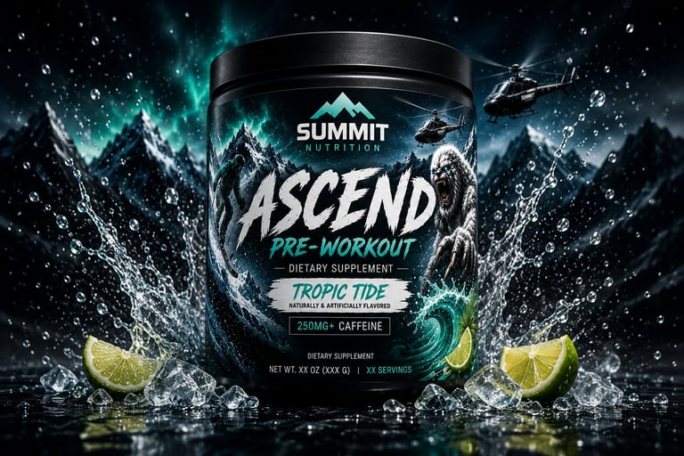 Summit Nutrition Ascend pre-workout supplement container with Tropic Tide flavor, surrounded by water splash and lime slices on dark background