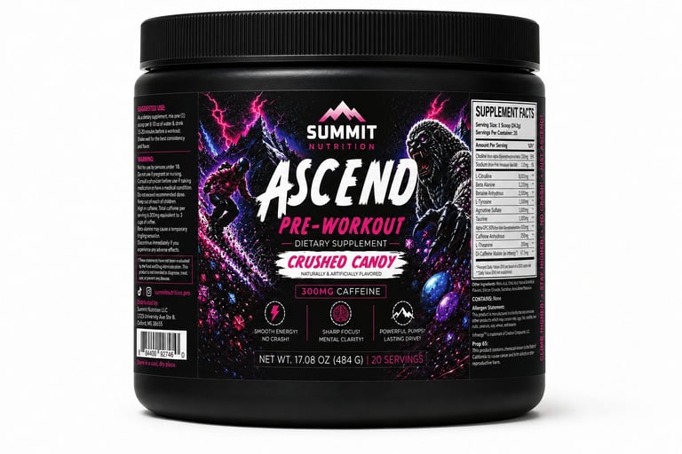 Black container of Summit Nutrition Ascend pre-workout supplement in crushed candy flavor with purple and blue graphics on label