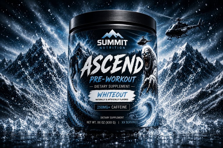 Summit Nutrition Ascend pre-workout supplement powder container with snowy mountain background and Whiteout flavor label