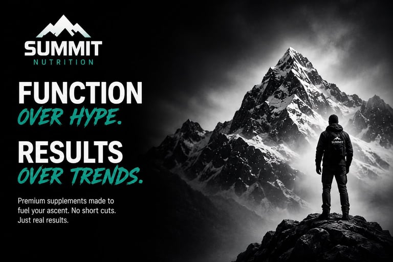 Summit Nutrition brand advertisement showing silhouette of person standing on mountain peak with snowy peaks in background and tagline about premium supplements