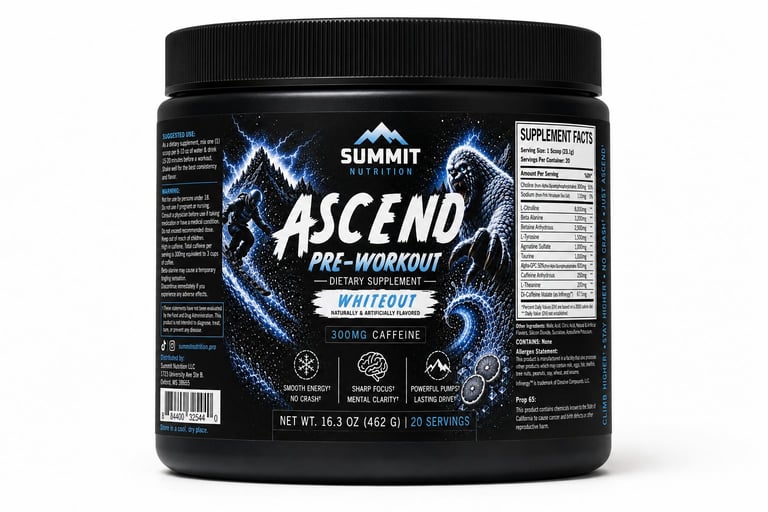 Black container of Summit Ascend pre-workout supplement in Whiteout flavor with 20 servings, showing nutrition label and blue lightning graphics on packaging