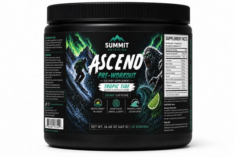 Summit Ascend pre-workout supplement container in Tropic Tide flavor, black plastic jar with green and blue design and supplement facts label