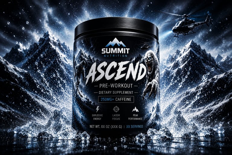 Black container of Summit Nutrition Ascend pre-workout supplement with 260mg caffeine against dramatic snowy mountain backdrop with helicopter