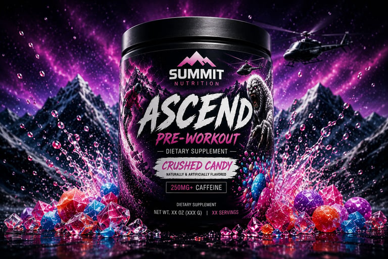 Summit Nutrition Ascend pre-workout supplement container with Crushed Candy flavor featuring 260mg caffeine, surrounded by purple and pink digital effects and mountain imagery